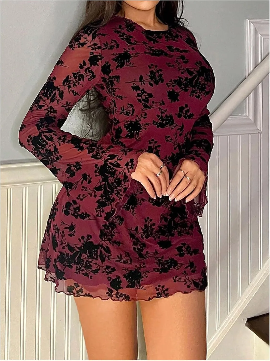 MakeMeChic Women's Floral Print Long Sleeve Mini Dress Mesh Backless Y2k Going Out Dresses