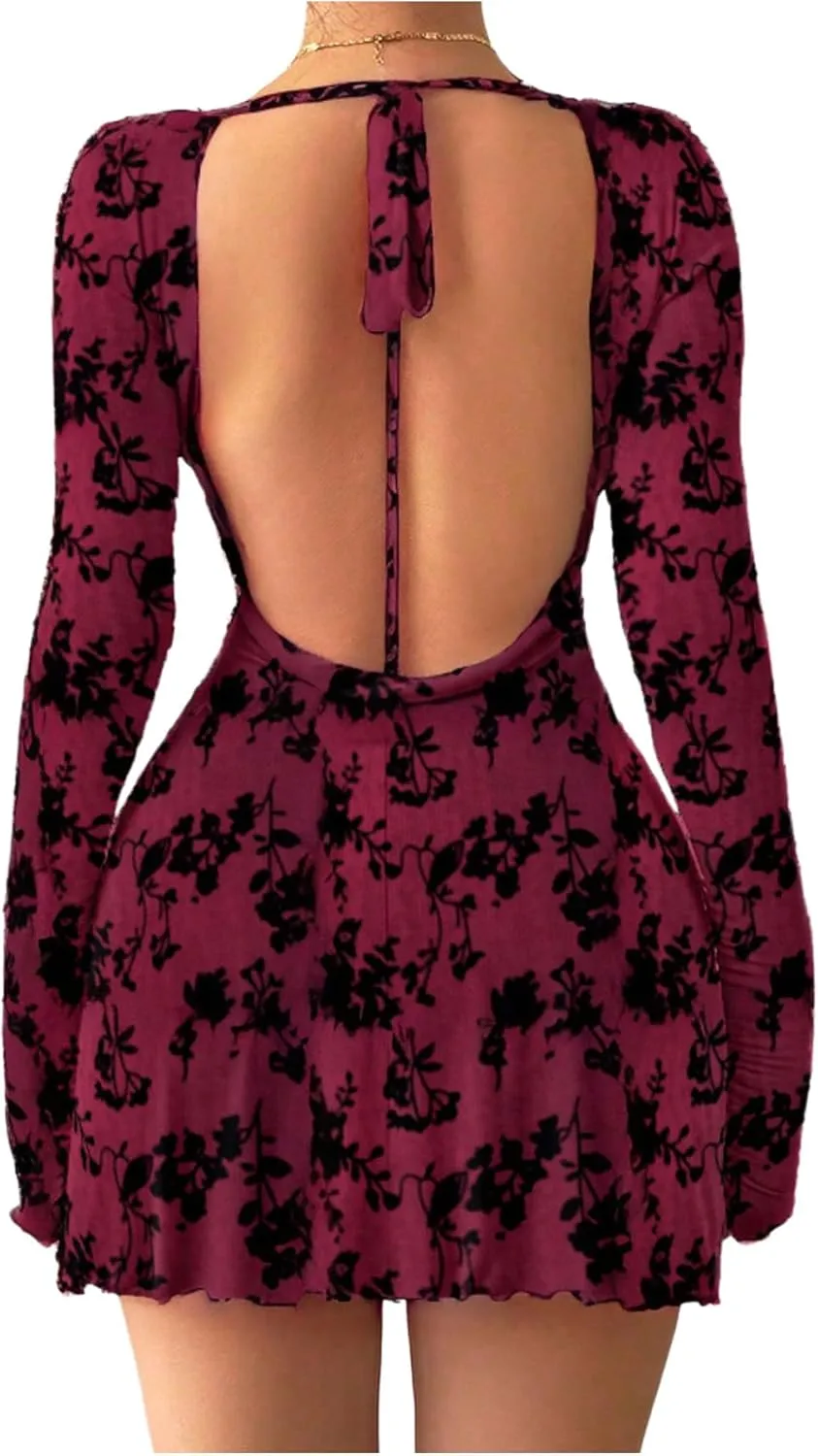 MakeMeChic Women's Floral Print Long Sleeve Mini Dress Mesh Backless Y2k Going Out Dresses