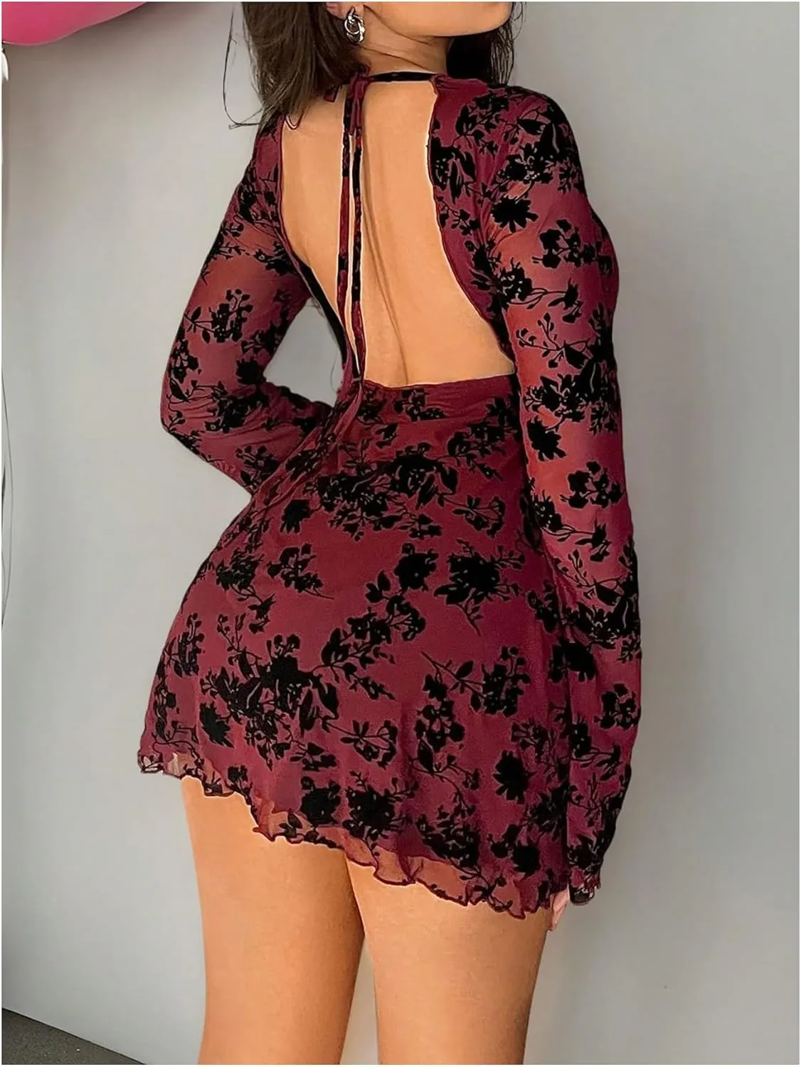 MakeMeChic Women's Floral Print Long Sleeve Mini Dress Mesh Backless Y2k Going Out Dresses
