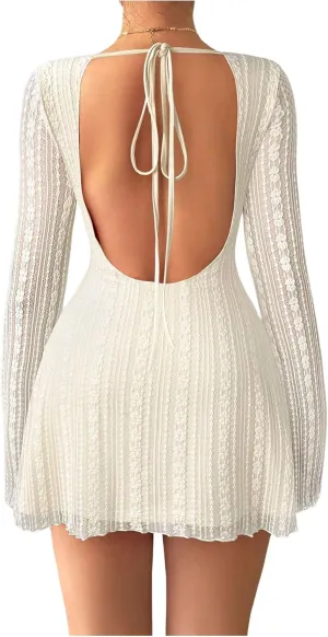 MakeMeChic Women's Floral Print Long Sleeve Mini Dress Mesh Backless Y2k Going Out Dresses