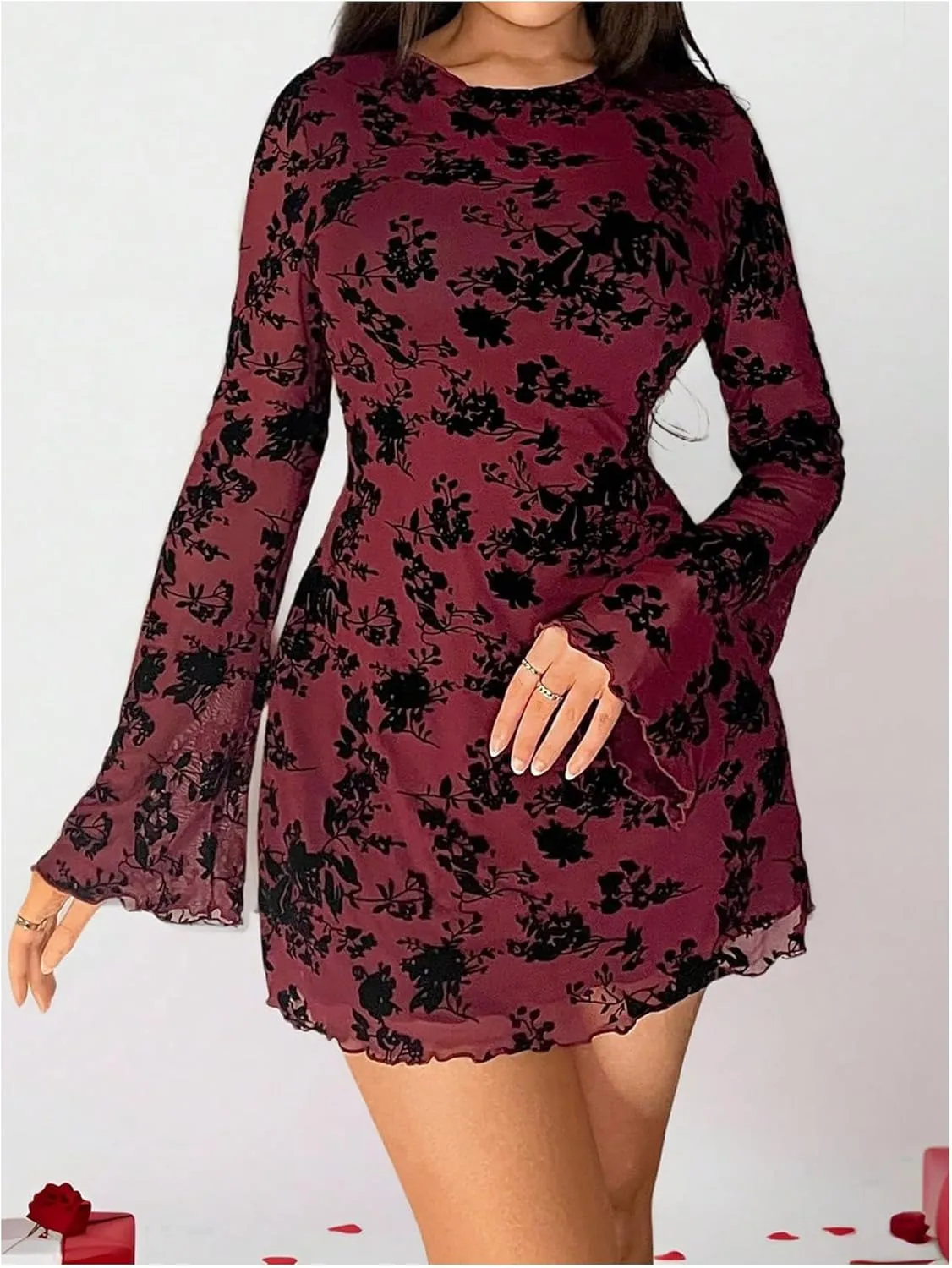 MakeMeChic Women's Floral Print Long Sleeve Mini Dress Mesh Backless Y2k Going Out Dresses