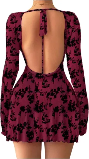 MakeMeChic Women's Floral Print Long Sleeve Mini Dress Mesh Backless Y2k Going Out Dresses