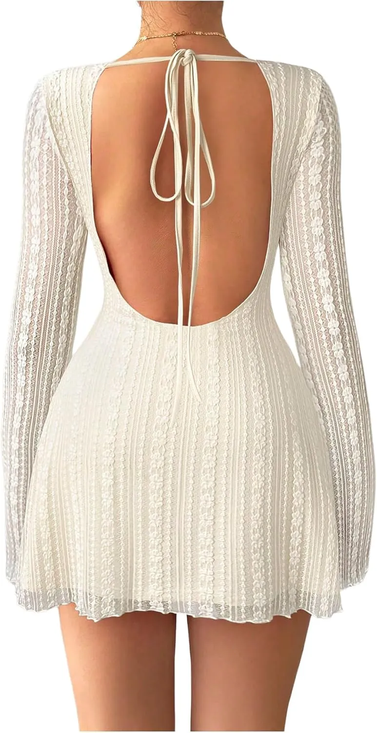 MakeMeChic Women's Floral Print Long Sleeve Mini Dress Mesh Backless Y2k Going Out Dresses