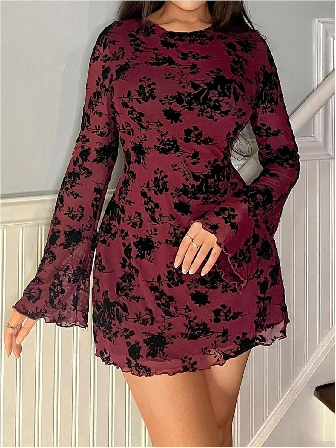 MakeMeChic Women's Floral Print Long Sleeve Mini Dress Mesh Backless Y2k Going Out Dresses