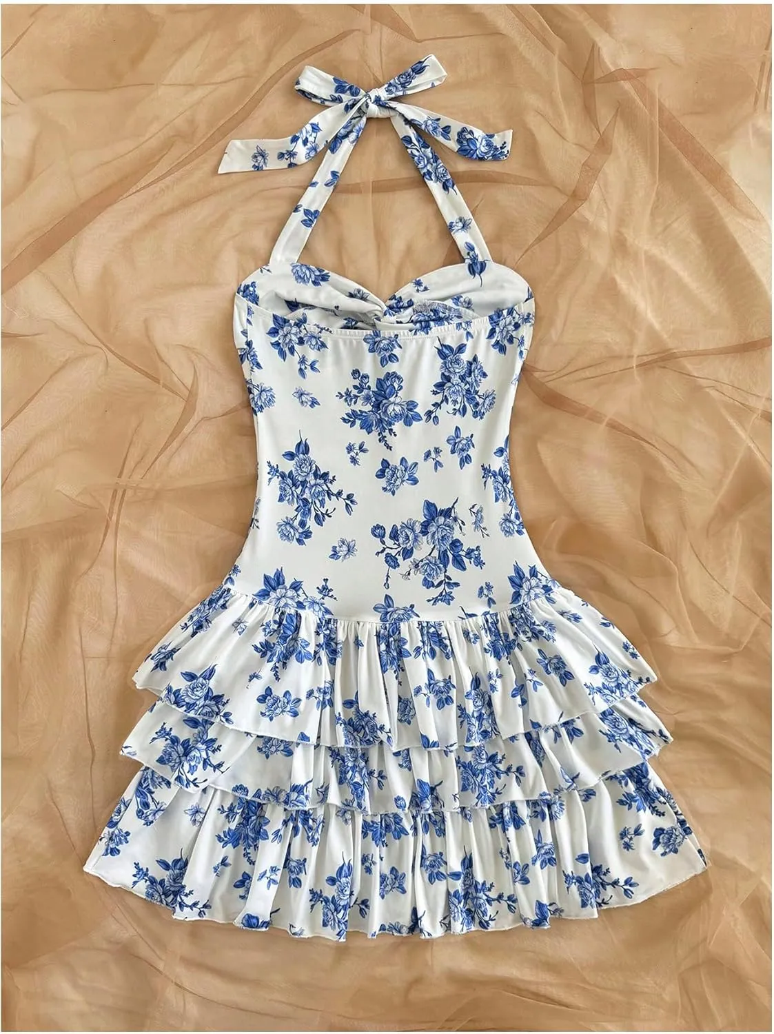MakeMeChic Women's Floral Print Mini Dress Twist Halter Ruffle Tiered Short Dresses