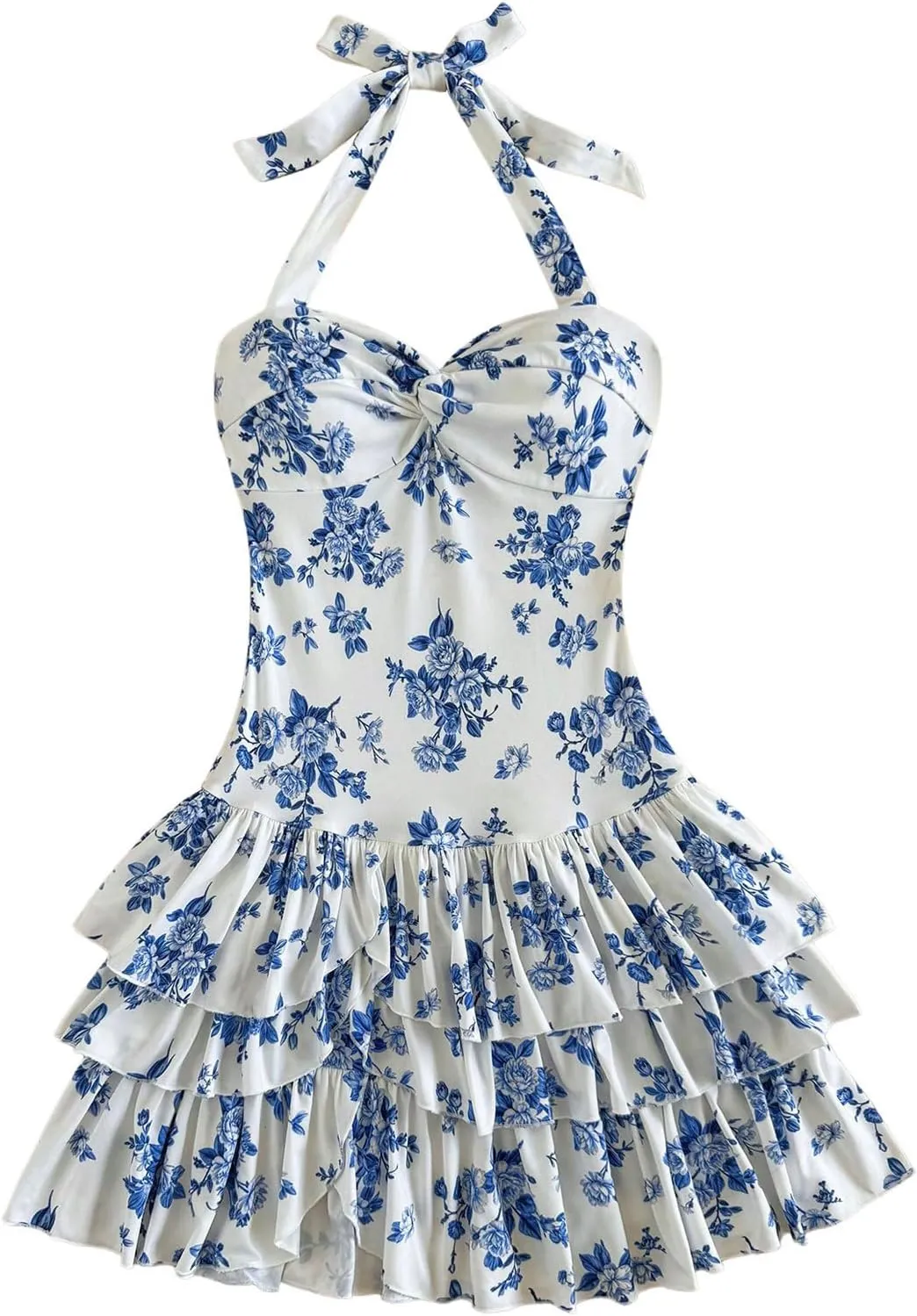 MakeMeChic Women's Floral Print Mini Dress Twist Halter Ruffle Tiered Short Dresses