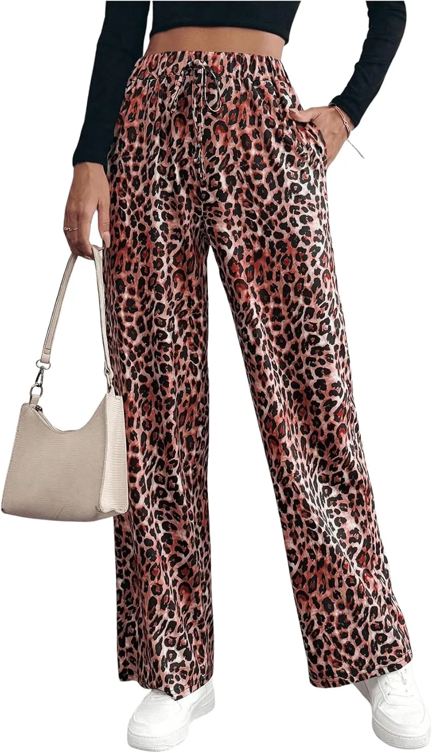 MakeMeChic Women's Leopard Print Pants Elastic Waist Lounge Pants Wide Leg Loose Long Pajama Pants