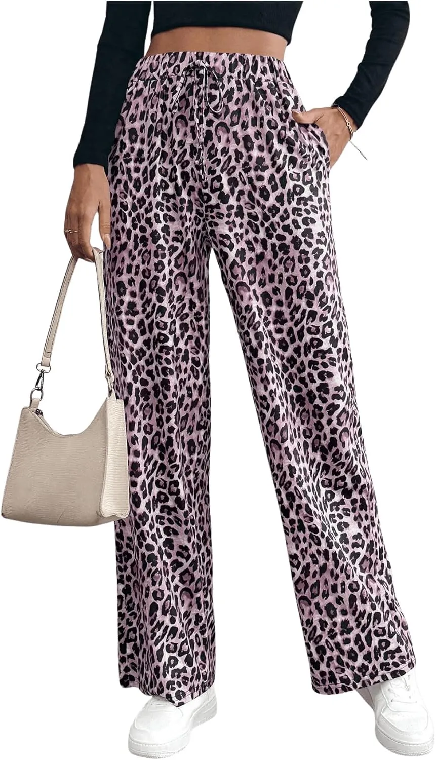 MakeMeChic Women's Leopard Print Pants Elastic Waist Lounge Pants Wide Leg Loose Long Pajama Pants