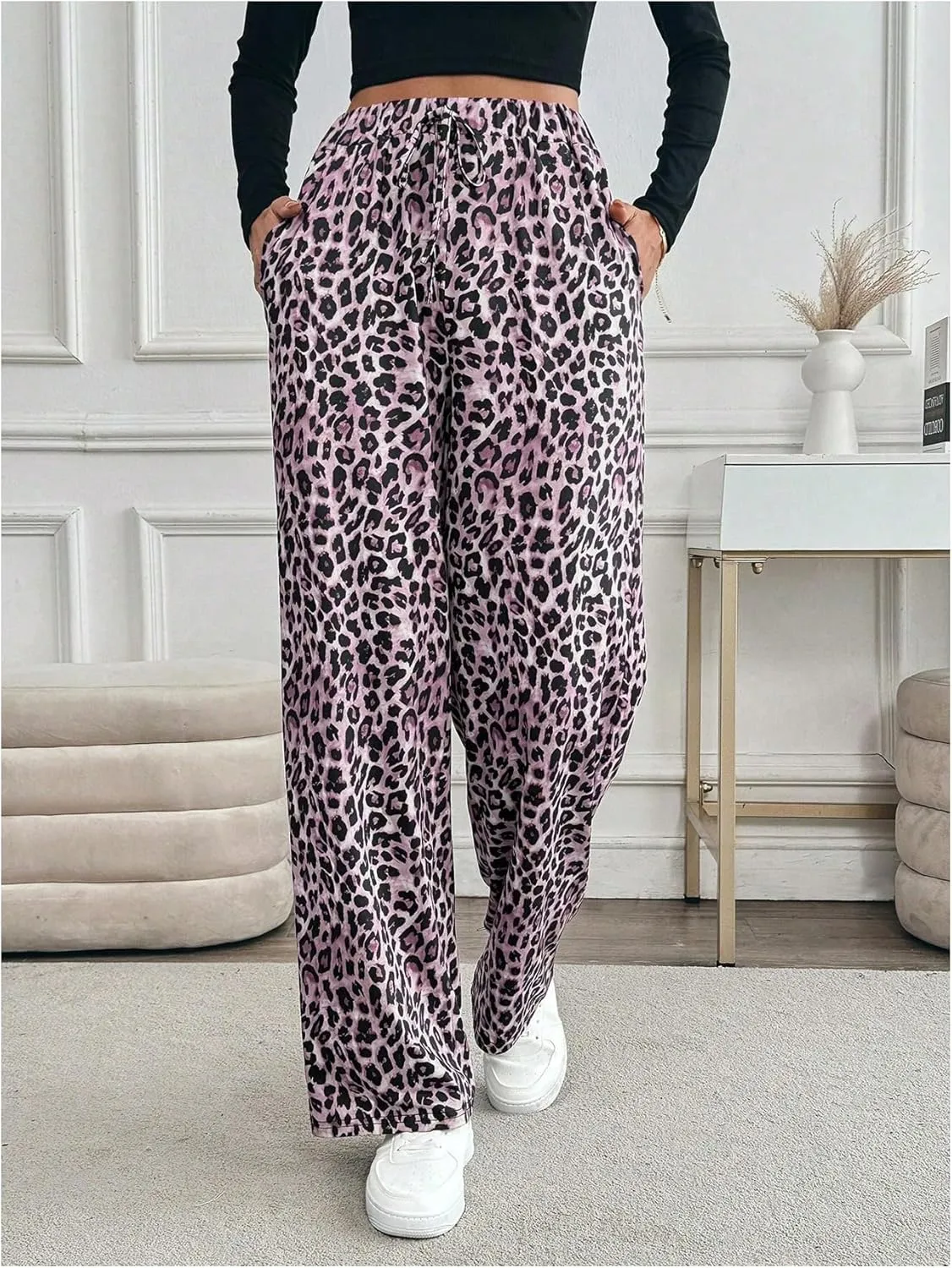 MakeMeChic Women's Leopard Print Pants Elastic Waist Lounge Pants Wide Leg Loose Long Pajama Pants