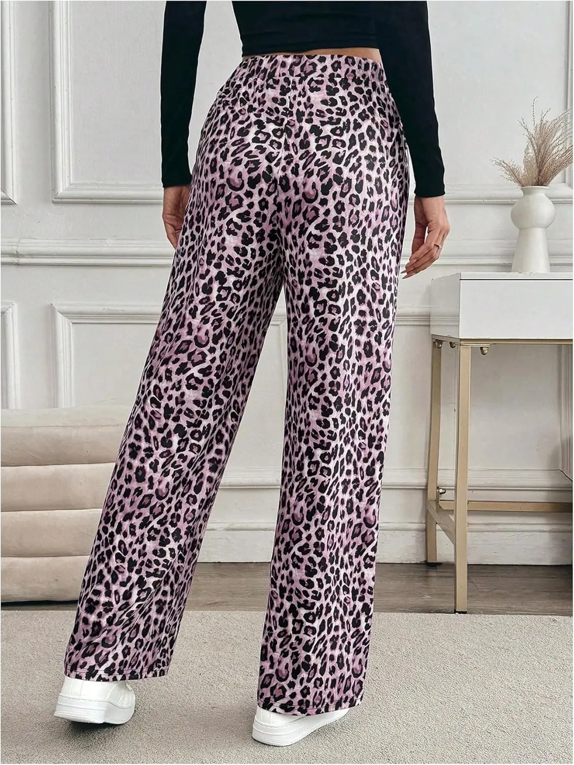 MakeMeChic Women's Leopard Print Pants Elastic Waist Lounge Pants Wide Leg Loose Long Pajama Pants