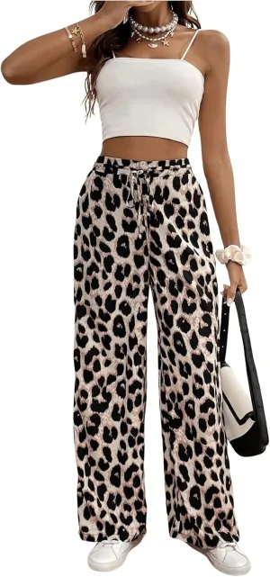 MakeMeChic Women's Leopard Print Pants Elastic Waist Lounge Pants Wide Leg Loose Long Pajama Pants