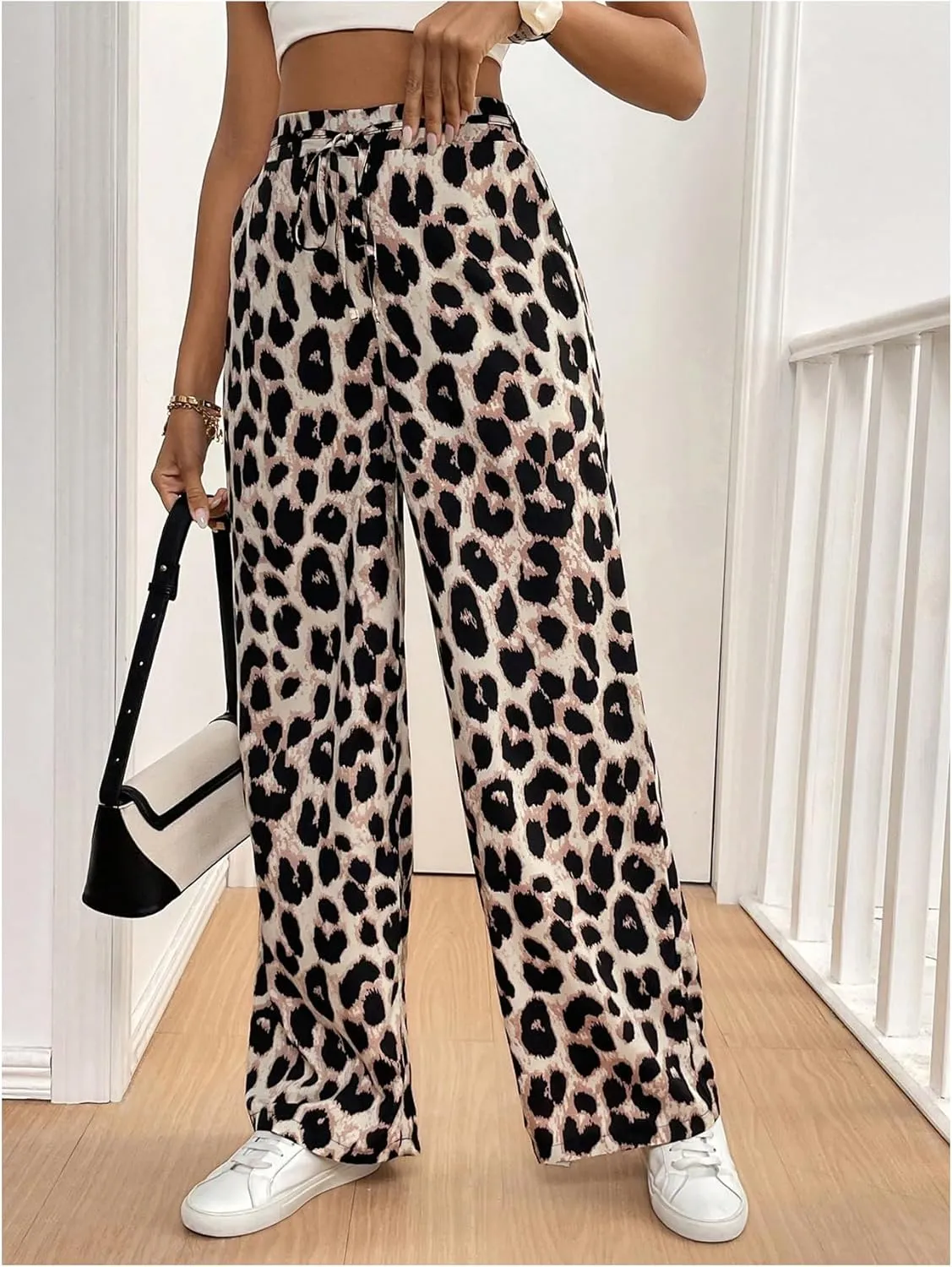 MakeMeChic Women's Leopard Print Pants Elastic Waist Lounge Pants Wide Leg Loose Long Pajama Pants
