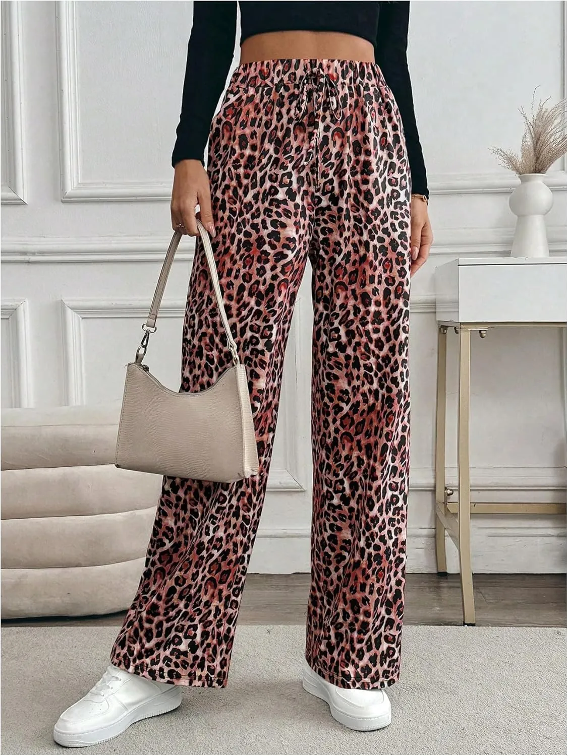 MakeMeChic Women's Leopard Print Pants Elastic Waist Lounge Pants Wide Leg Loose Long Pajama Pants