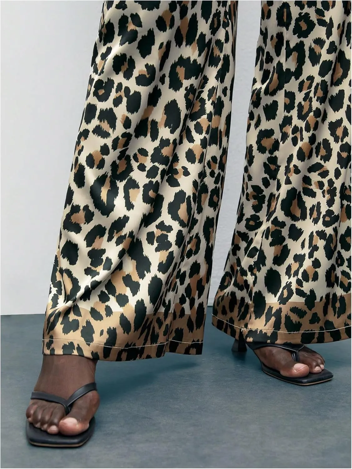 MakeMeChic Women's Leopard Print Pants Elastic Waist Lounge Pants Wide Leg Loose Long Pajama Pants