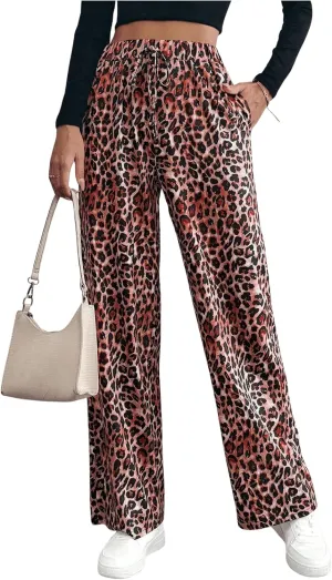 MakeMeChic Women's Leopard Print Pants Elastic Waist Lounge Pants Wide Leg Loose Long Pajama Pants