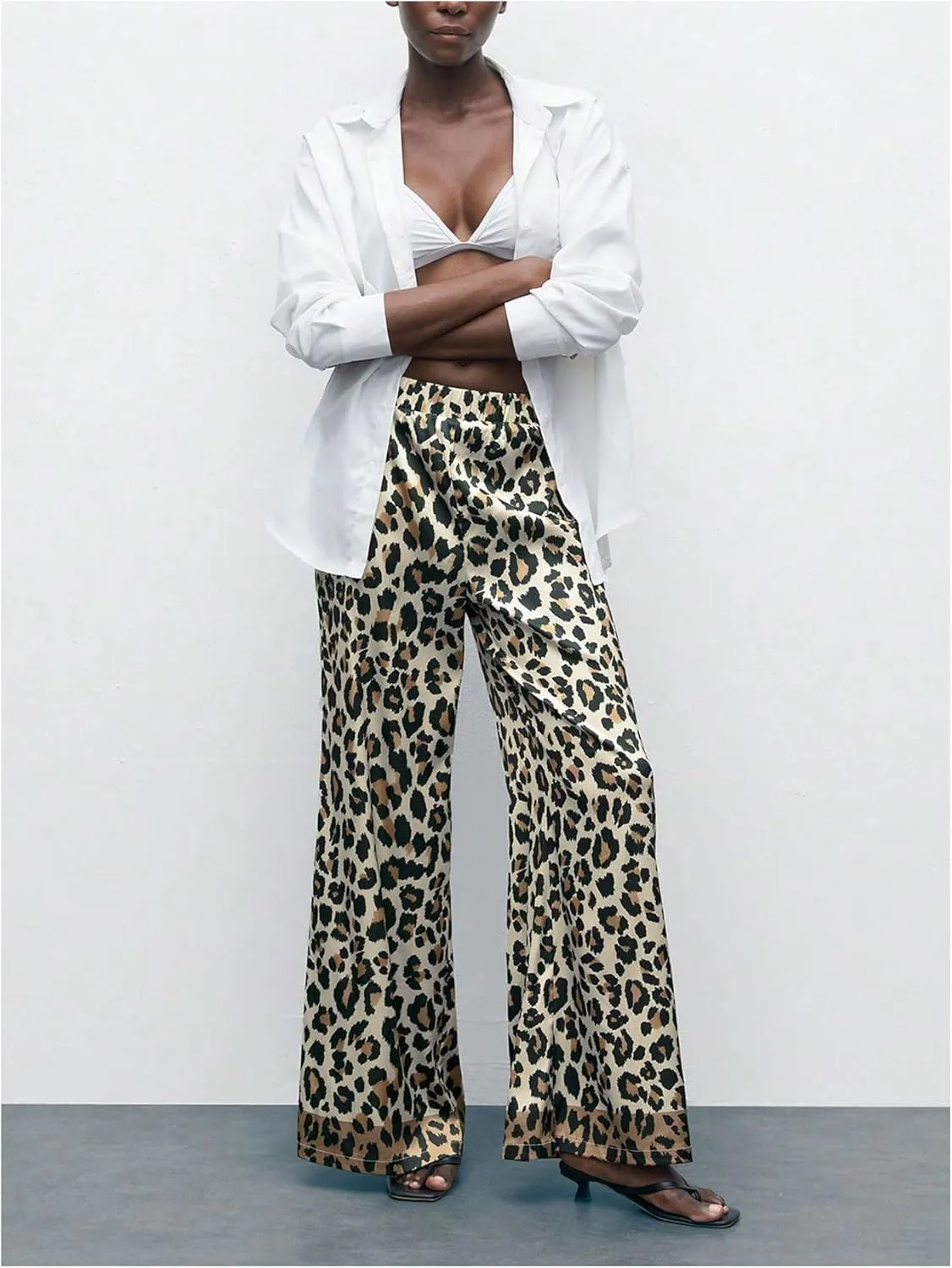 MakeMeChic Women's Leopard Print Pants Elastic Waist Lounge Pants Wide Leg Loose Long Pajama Pants