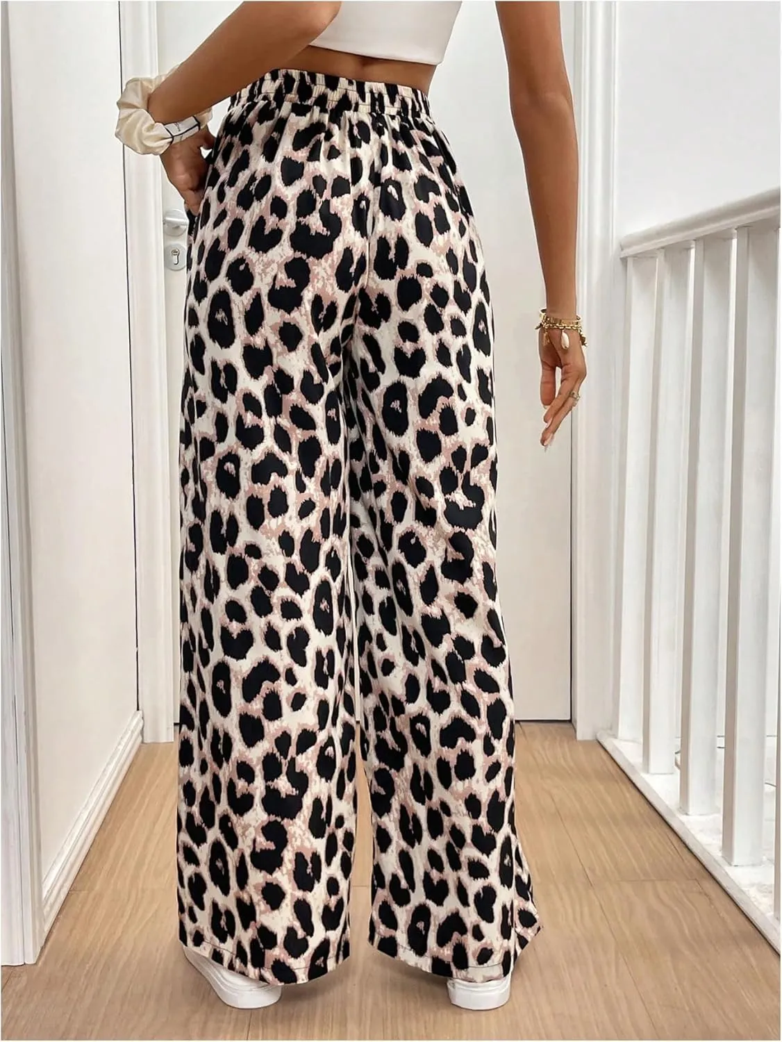 MakeMeChic Women's Leopard Print Pants Elastic Waist Lounge Pants Wide Leg Loose Long Pajama Pants