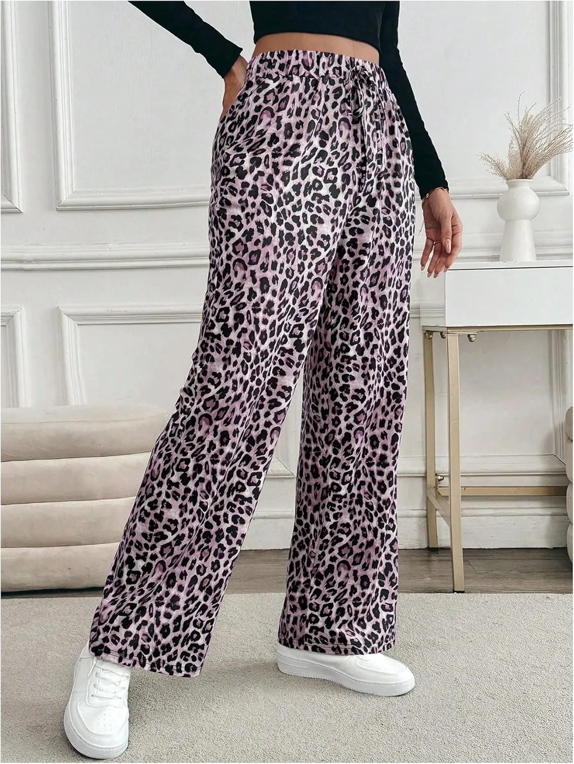 MakeMeChic Women's Leopard Print Pants Elastic Waist Lounge Pants Wide Leg Loose Long Pajama Pants