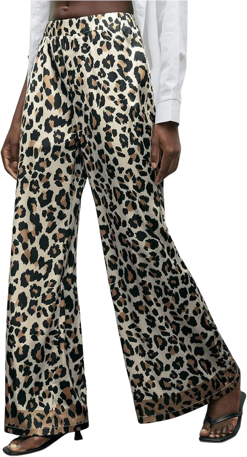 MakeMeChic Women's Leopard Print Pants Elastic Waist Lounge Pants Wide Leg Loose Long Pajama Pants