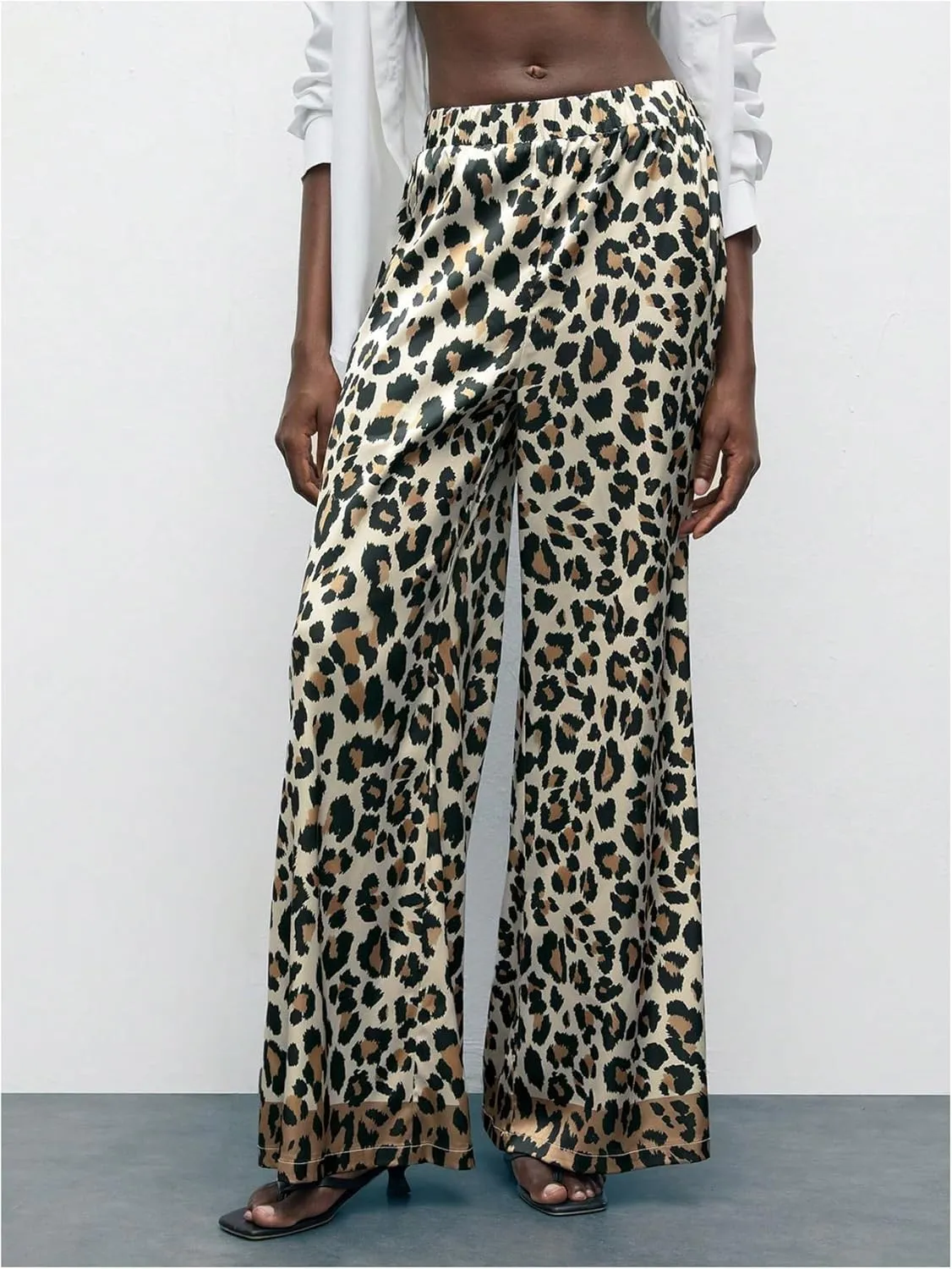 MakeMeChic Women's Leopard Print Pants Elastic Waist Lounge Pants Wide Leg Loose Long Pajama Pants