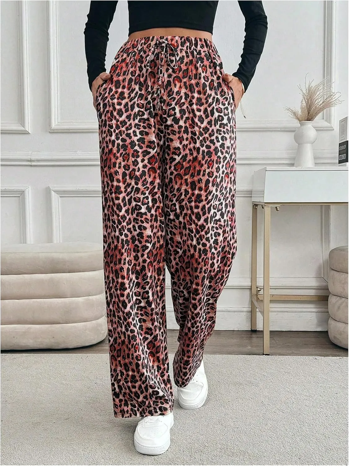 MakeMeChic Women's Leopard Print Pants Elastic Waist Lounge Pants Wide Leg Loose Long Pajama Pants