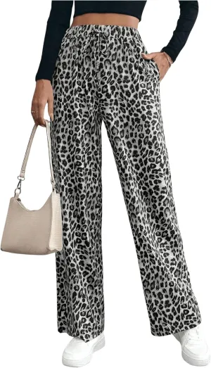 MakeMeChic Women's Leopard Print Pants Elastic Waist Lounge Pants Wide Leg Loose Long Pajama Pants