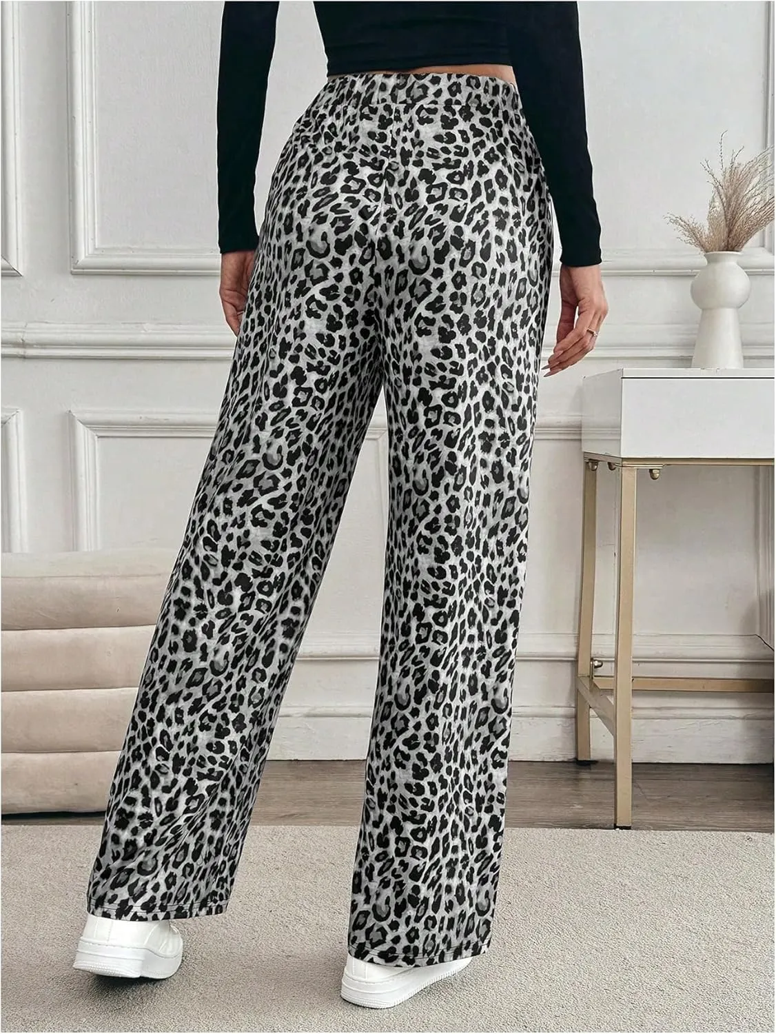 MakeMeChic Women's Leopard Print Pants Elastic Waist Lounge Pants Wide Leg Loose Long Pajama Pants