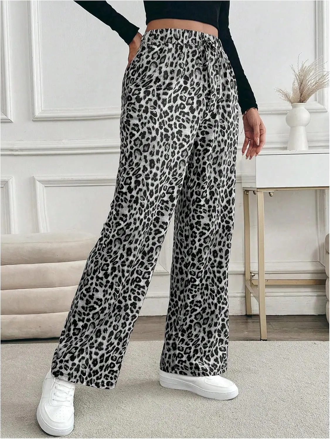 MakeMeChic Women's Leopard Print Pants Elastic Waist Lounge Pants Wide Leg Loose Long Pajama Pants
