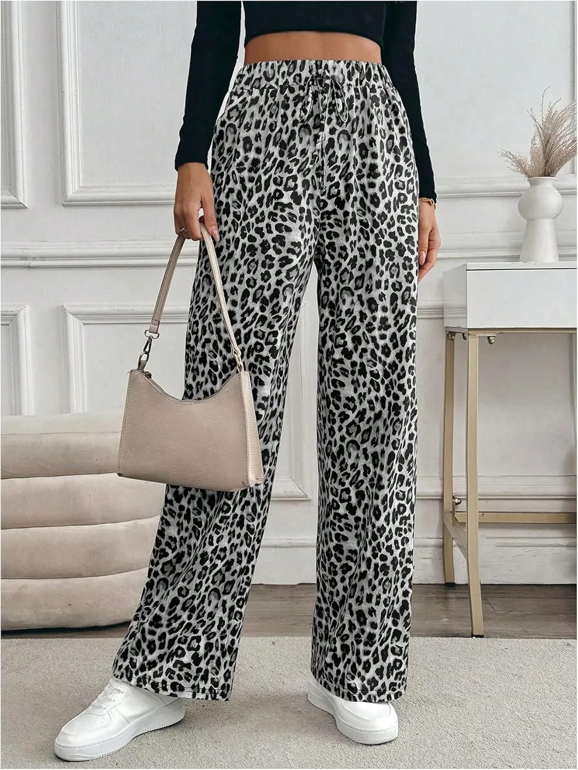 MakeMeChic Women's Leopard Print Pants Elastic Waist Lounge Pants Wide Leg Loose Long Pajama Pants