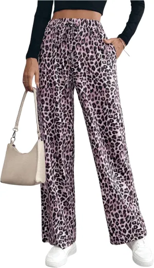 MakeMeChic Women's Leopard Print Pants Elastic Waist Lounge Pants Wide Leg Loose Long Pajama Pants