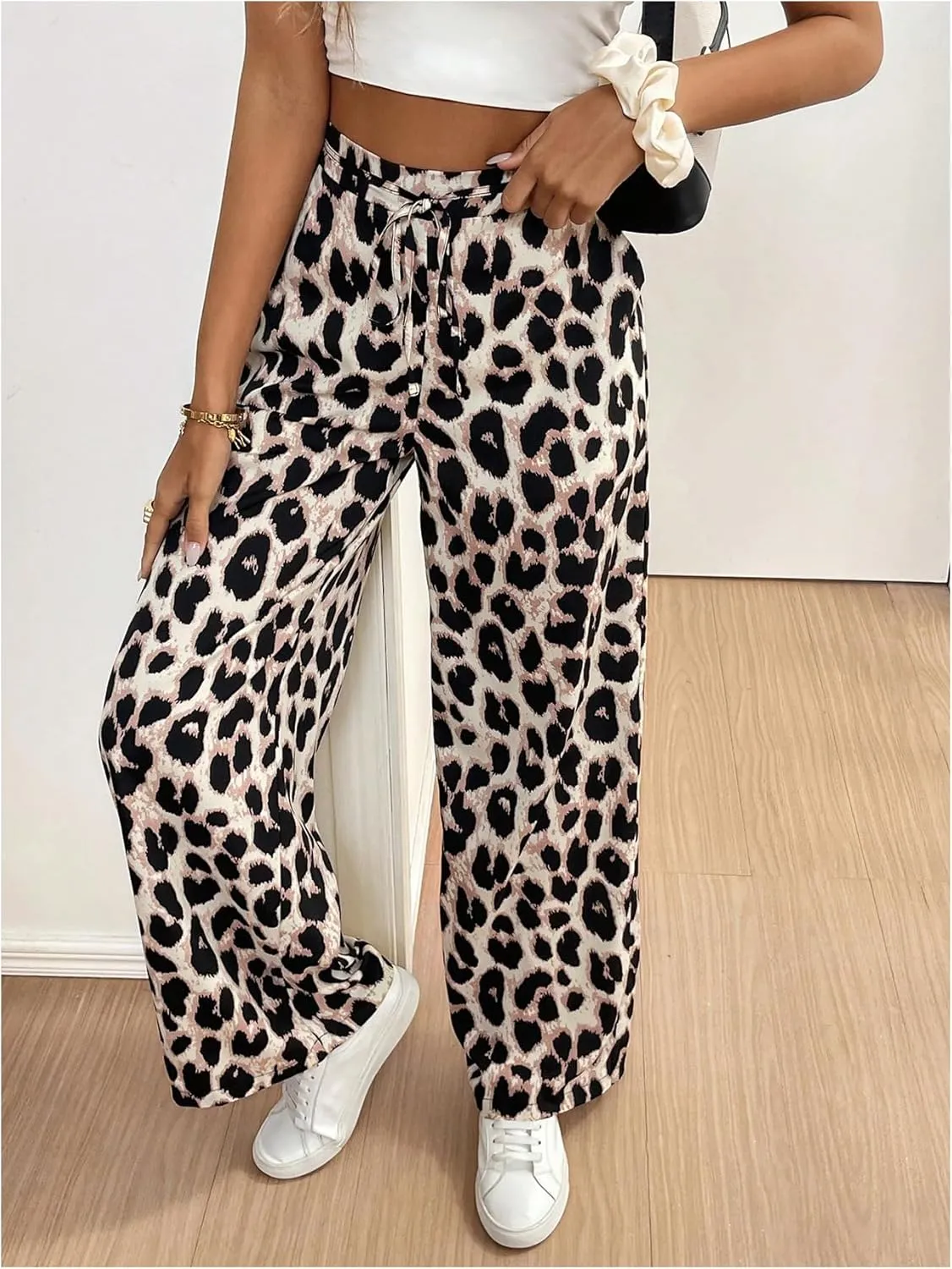 MakeMeChic Women's Leopard Print Pants Elastic Waist Lounge Pants Wide Leg Loose Long Pajama Pants