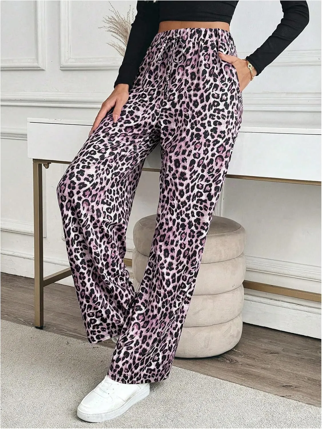 MakeMeChic Women's Leopard Print Pants Elastic Waist Lounge Pants Wide Leg Loose Long Pajama Pants