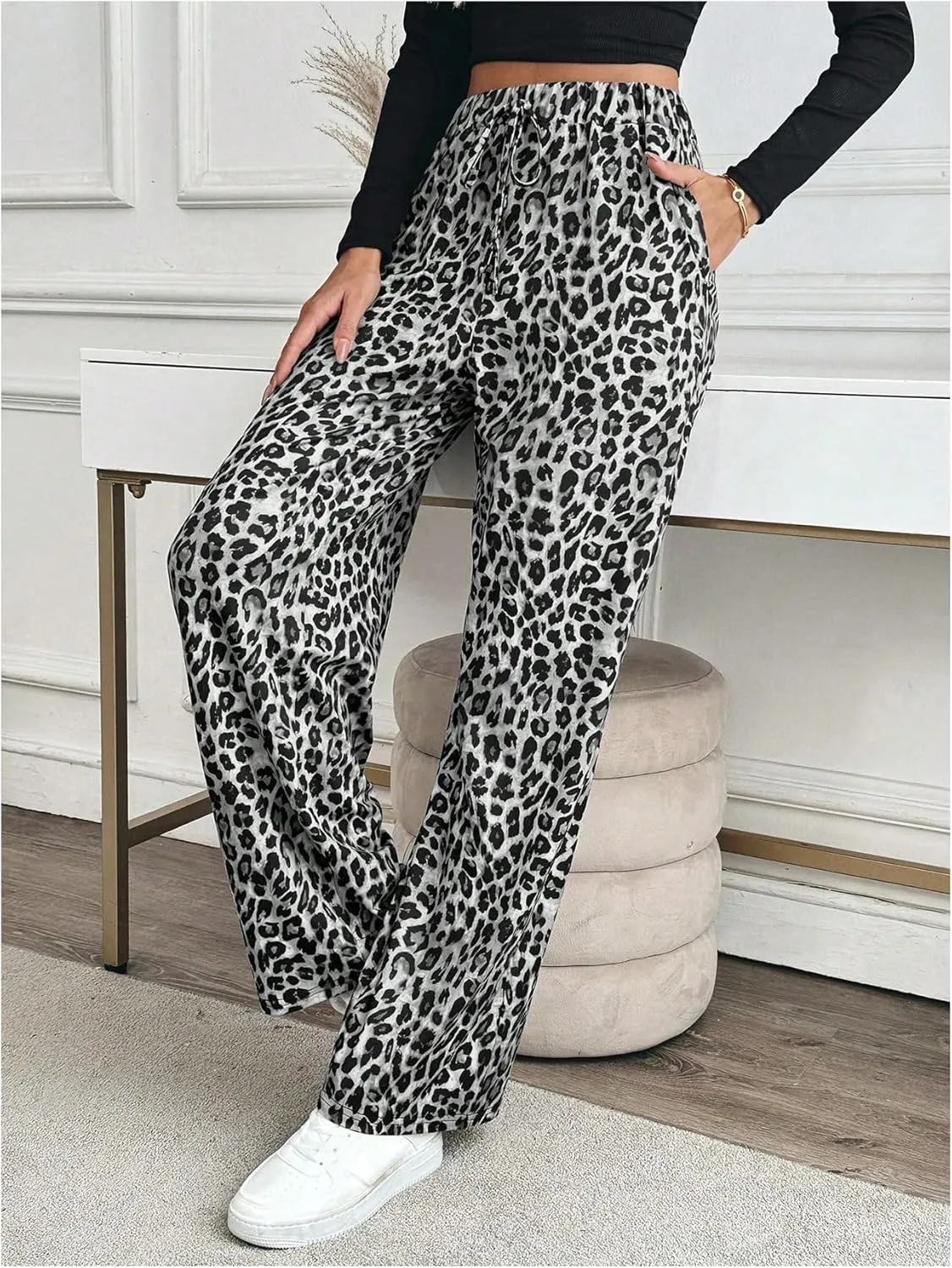 MakeMeChic Women's Leopard Print Pants Elastic Waist Lounge Pants Wide Leg Loose Long Pajama Pants
