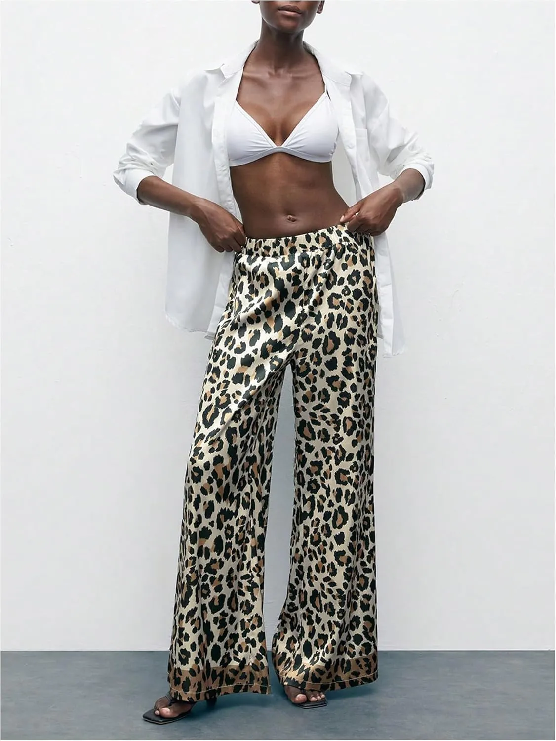 MakeMeChic Women's Leopard Print Pants Elastic Waist Lounge Pants Wide Leg Loose Long Pajama Pants