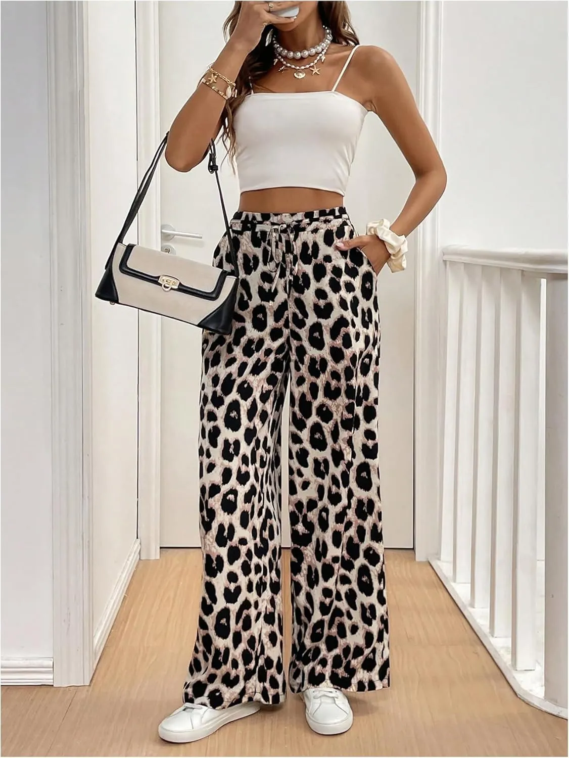 MakeMeChic Women's Leopard Print Pants Elastic Waist Lounge Pants Wide Leg Loose Long Pajama Pants