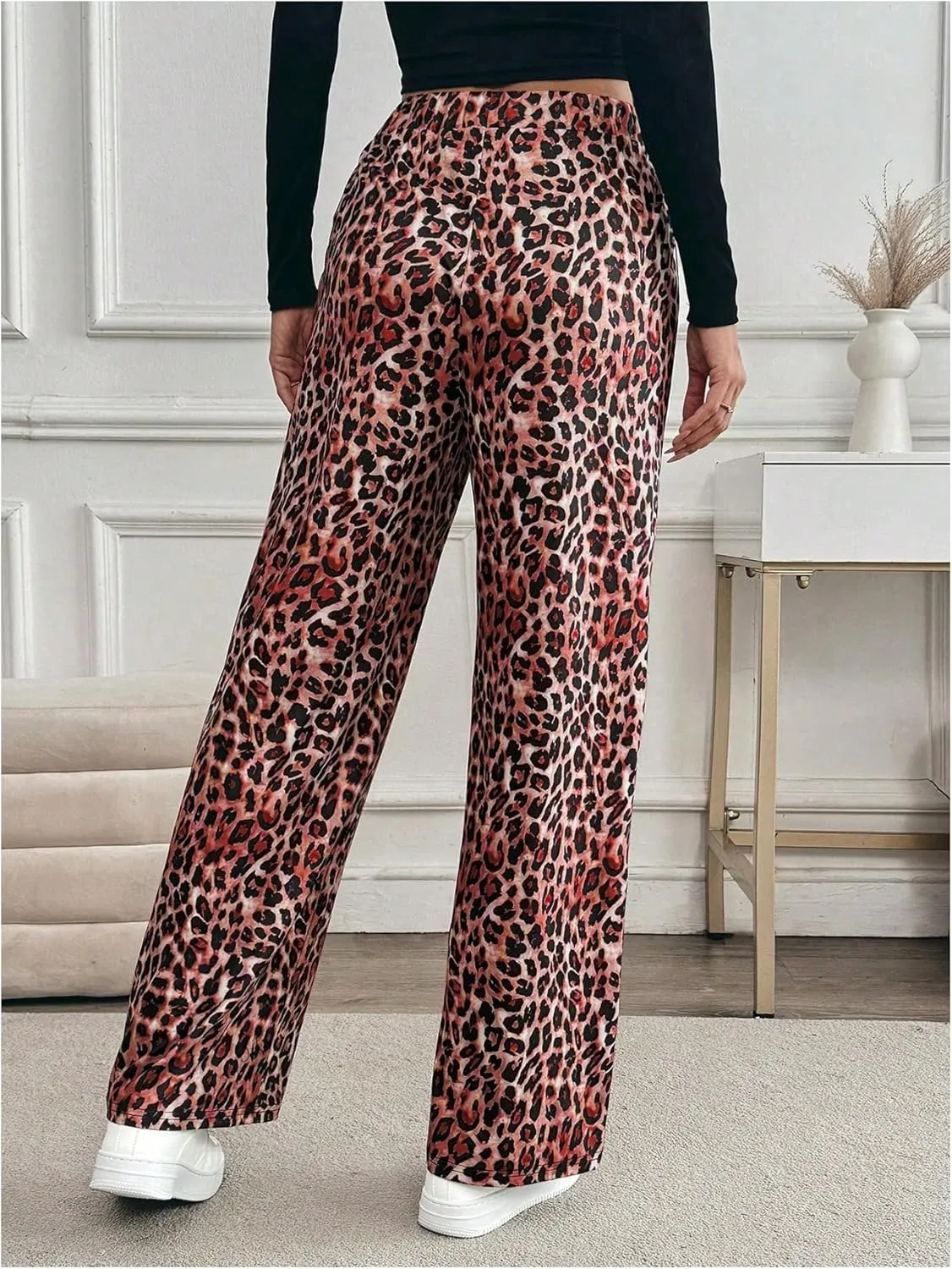 MakeMeChic Women's Leopard Print Pants Elastic Waist Lounge Pants Wide Leg Loose Long Pajama Pants