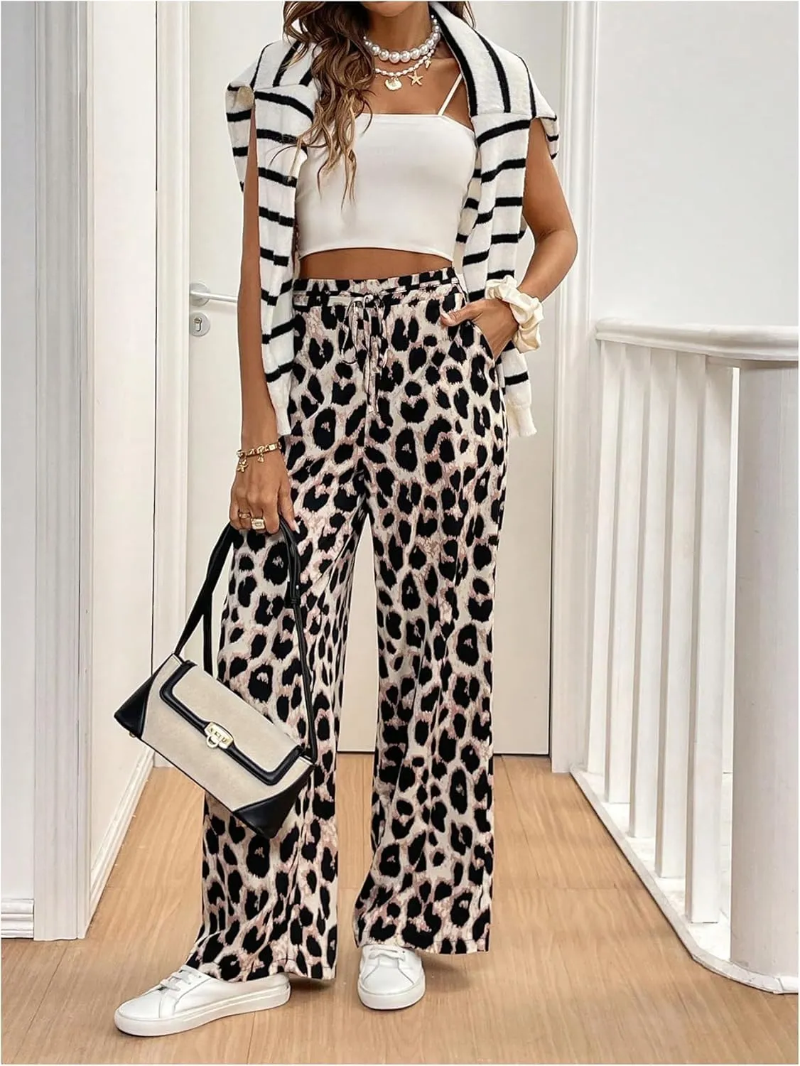 MakeMeChic Women's Leopard Print Pants Elastic Waist Lounge Pants Wide Leg Loose Long Pajama Pants