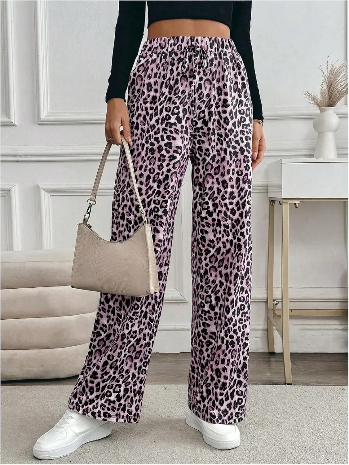 MakeMeChic Women's Leopard Print Pants Elastic Waist Lounge Pants Wide Leg Loose Long Pajama Pants