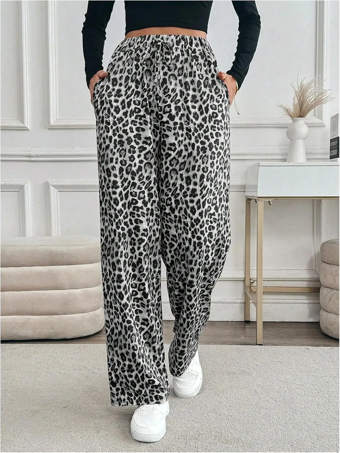 MakeMeChic Women's Leopard Print Pants Elastic Waist Lounge Pants Wide Leg Loose Long Pajama Pants