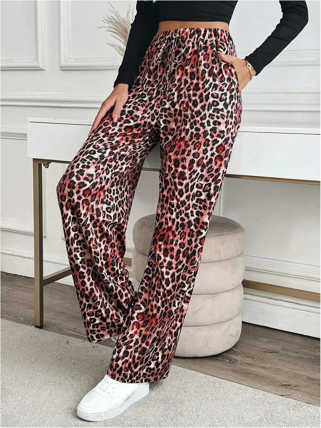 MakeMeChic Women's Leopard Print Pants Elastic Waist Lounge Pants Wide Leg Loose Long Pajama Pants