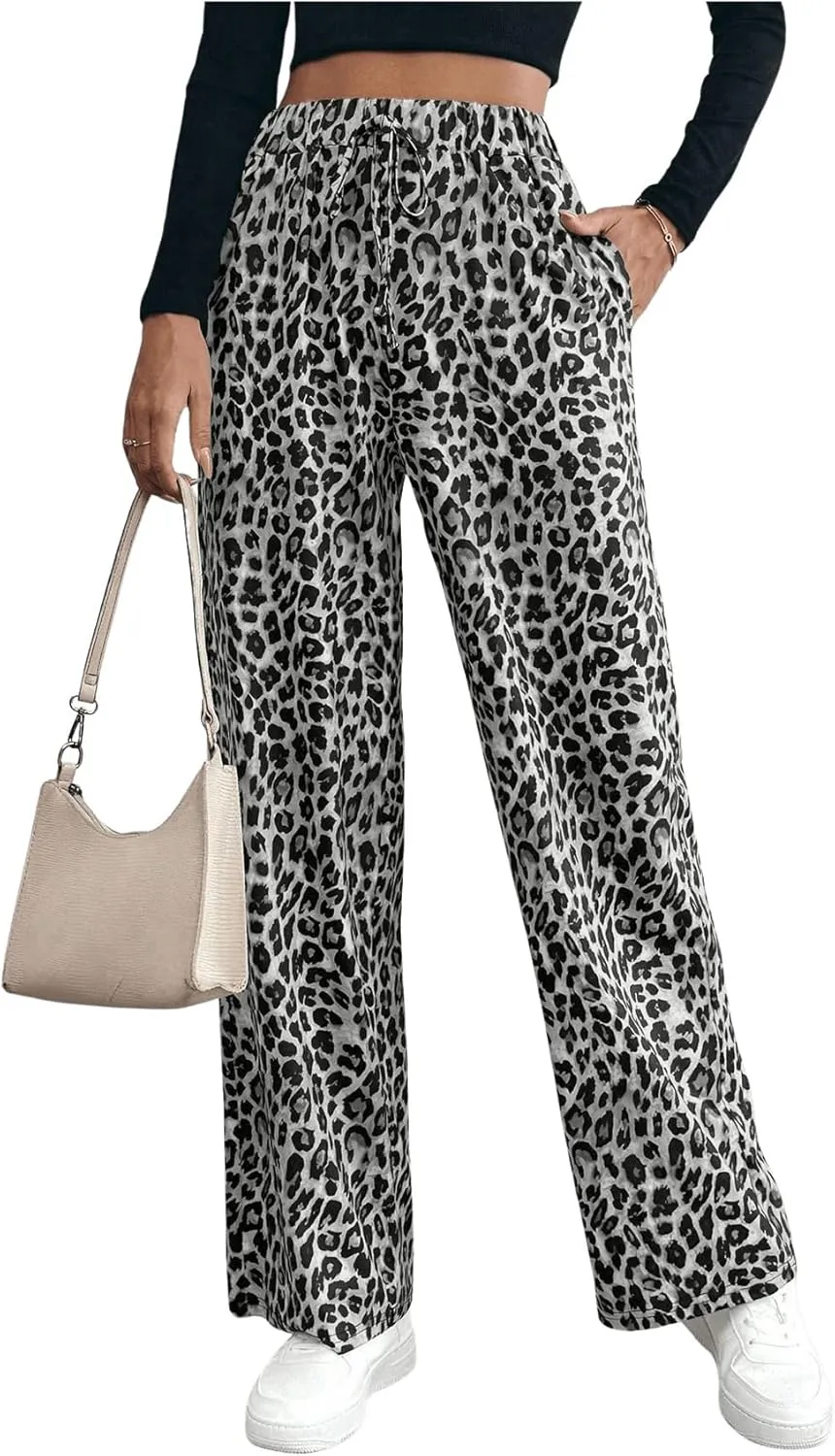 MakeMeChic Women's Leopard Print Pants Elastic Waist Lounge Pants Wide Leg Loose Long Pajama Pants