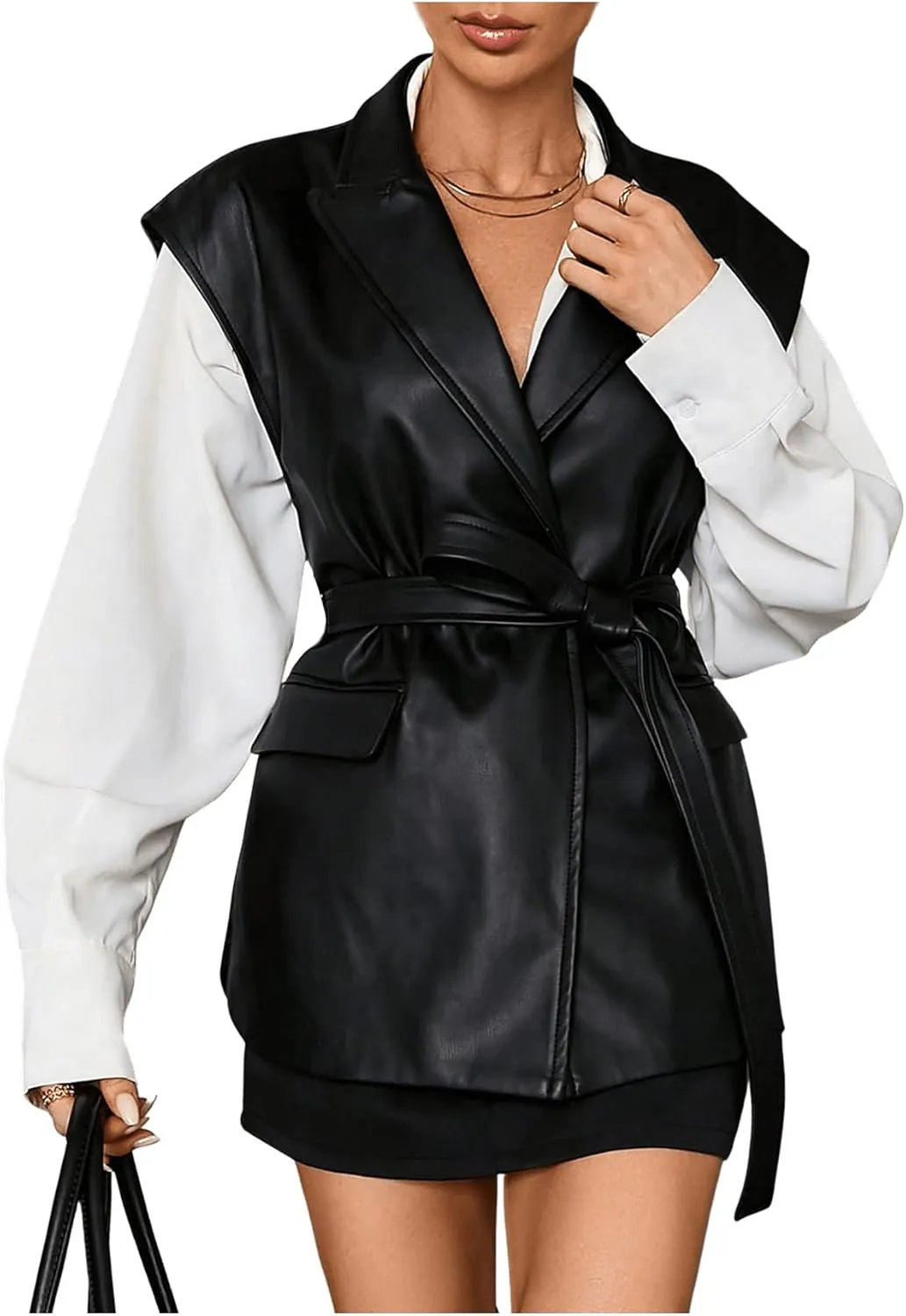 MakeMeChic Women's PU Leather Belted Long Vest Lapel V Neck Sleeveless Outerwear