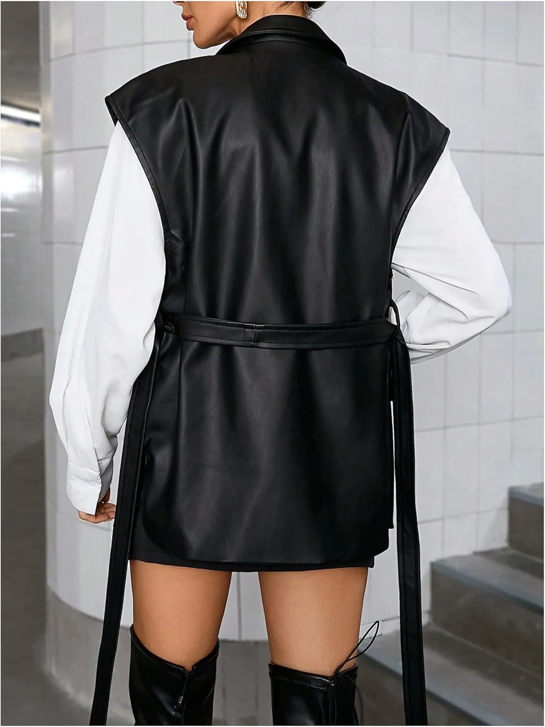 MakeMeChic Women's PU Leather Belted Long Vest Lapel V Neck Sleeveless Outerwear