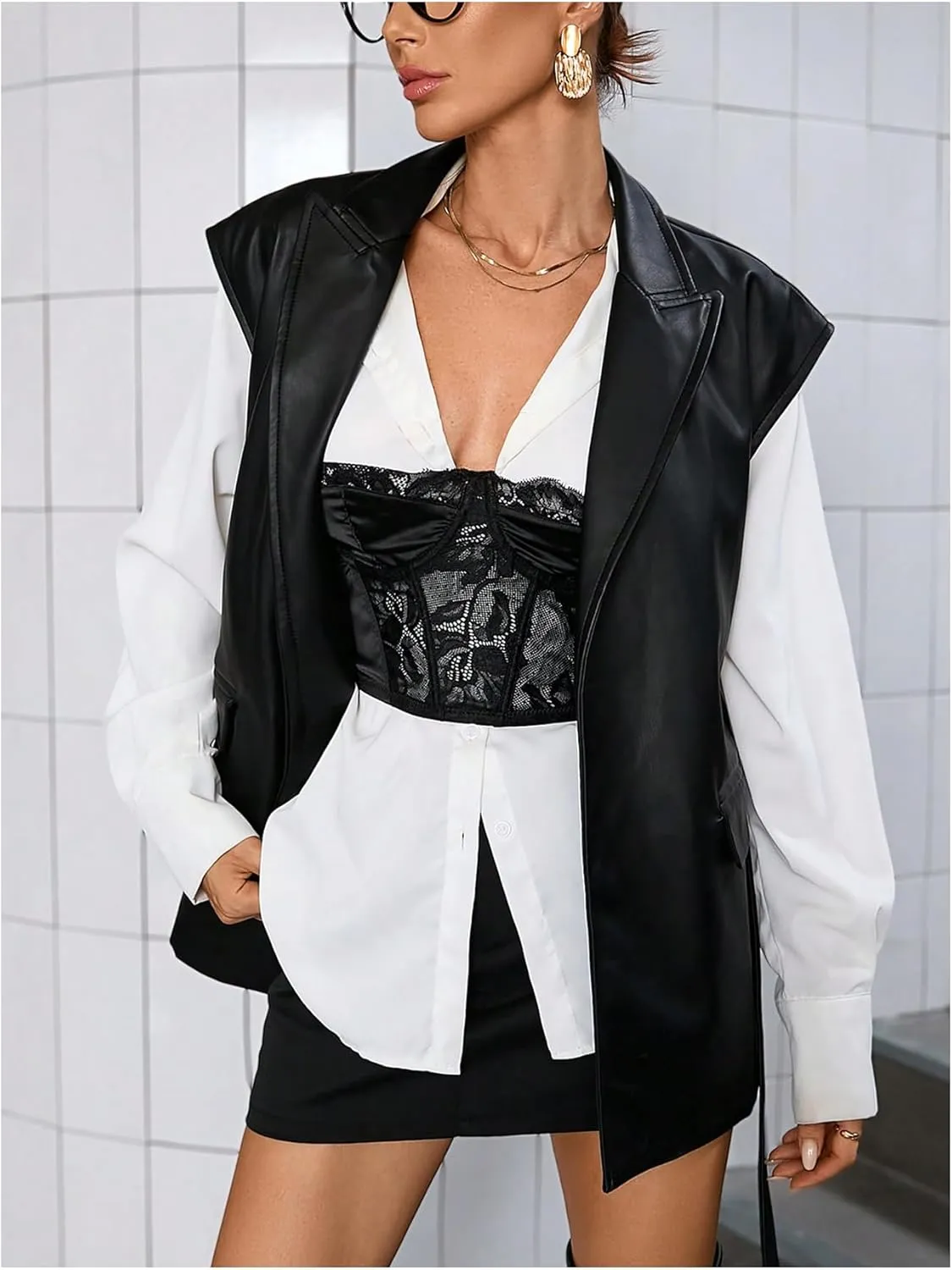 MakeMeChic Women's PU Leather Belted Long Vest Lapel V Neck Sleeveless Outerwear