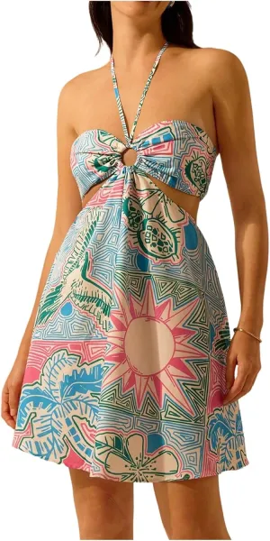 MakeMeChic Women's Summer Tropical Print Mini Dress Sundress 2025 Halter Backless Cut Out Short Dresses