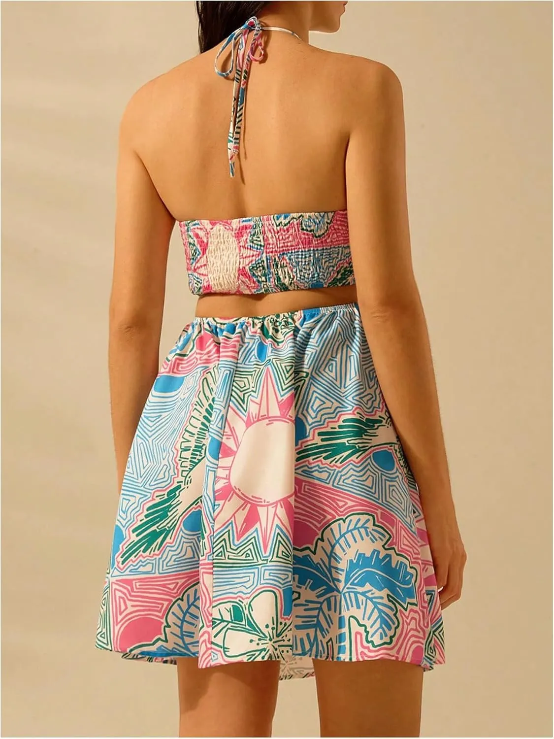 MakeMeChic Women's Summer Tropical Print Mini Dress Sundress 2025 Halter Backless Cut Out Short Dresses