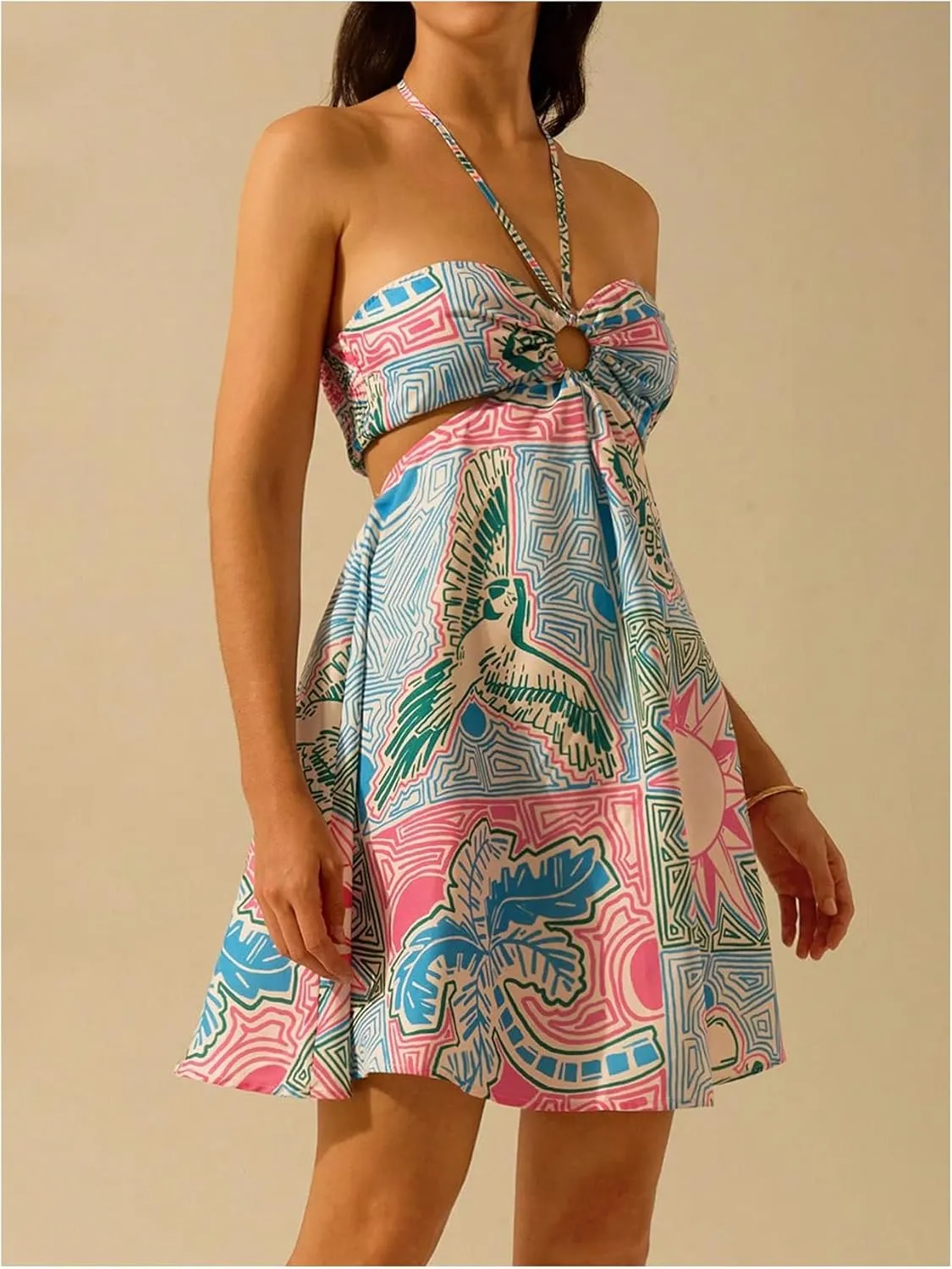 MakeMeChic Women's Summer Tropical Print Mini Dress Sundress 2025 Halter Backless Cut Out Short Dresses