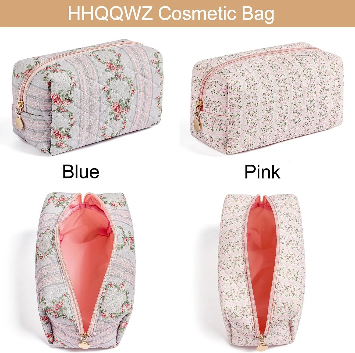 Makeup Bag Travel Cosmetic Bag for Women Girls, Zipper Make Up Pouch, Floral Flowers Toiletry Organizer Makeup, Portable Storage Cosmetic Travel Cloth Bag (Pink)