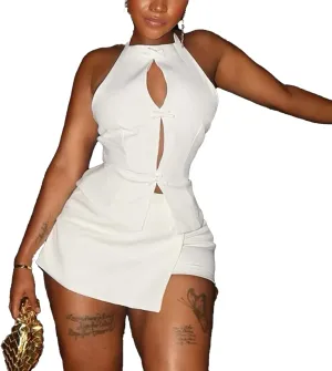 Mandonce Two Piece Sets for Women Off Shoulder Backless Halter Top and Mini Skort Shorts Set Trendy Casual Vacation Outfits