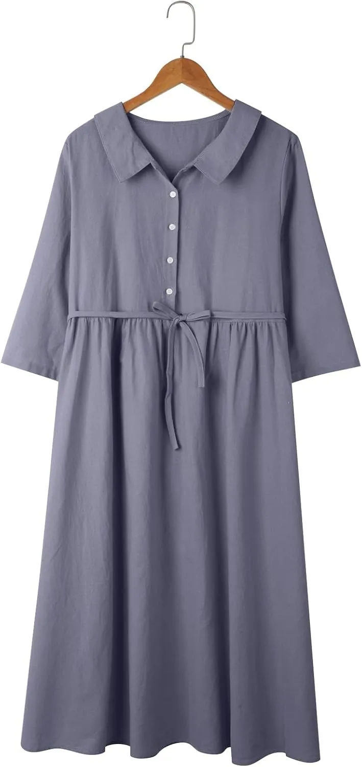Maxi Dresses for Women 2025 Summer Casual Plus Size Cotton Linen Dress 3/4 Sleeve Comfy Beach Vacation Sundresses